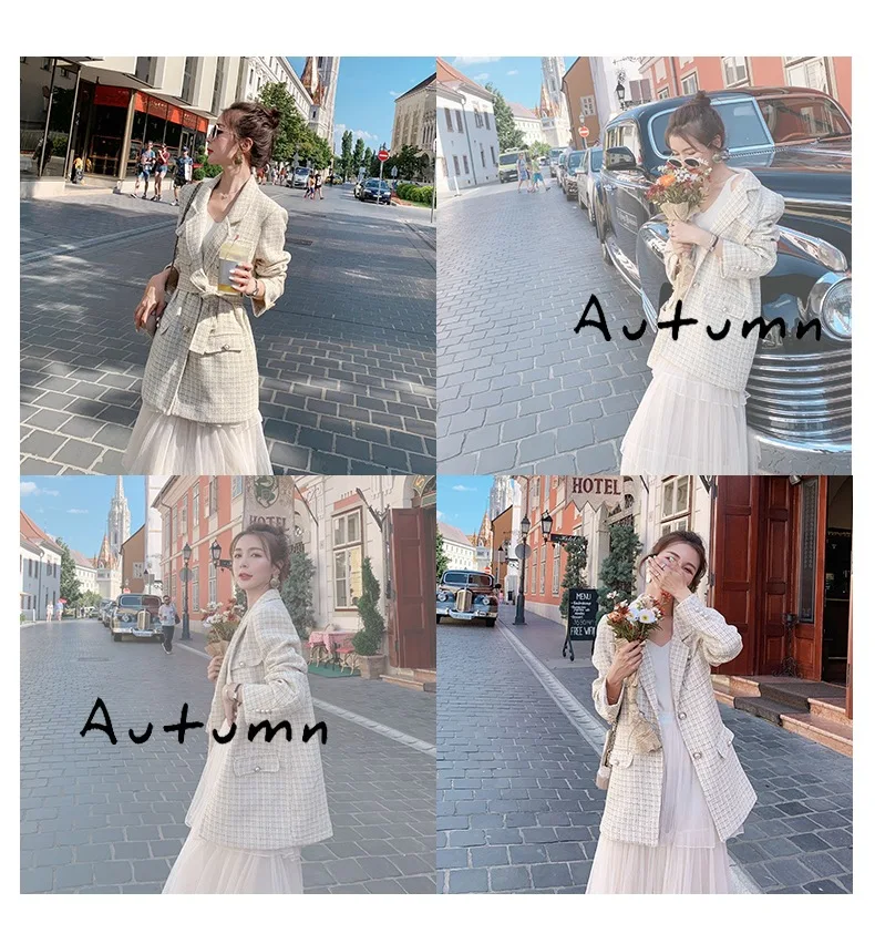 Фотосессия корейский стиль шикарная изящная жемчужина застежка Off-white Slim Fit Талия обнимает на шнуровке костюм Ol пальто женские средней длины