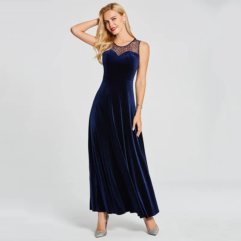 DressV Темный ярко-синий длинный недорогое вечернее платье с v-образным вырезом бисером без рукавов свадебное вечернее платье ТРАПЕЦИЕВИДНОЕ вечернее платье es