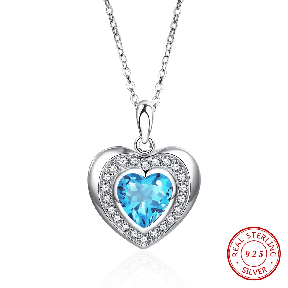 

925 Sterling Silver Blue Crystal Love Heart Pendant Necklaces Trendy Statement Necklace for Lover Girlfriend Fine Jewelry NS005