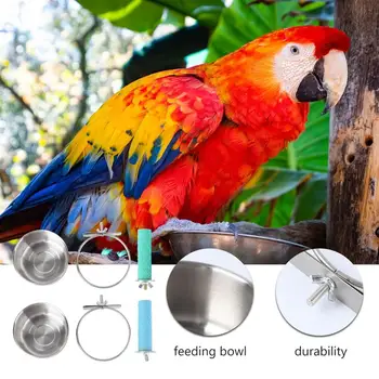 

1 Set 4pcs Pet Parrot Standing Pole Feeding Bowl Bird Standing Pole Toy Stainless Steel Feeding Bowl Silver