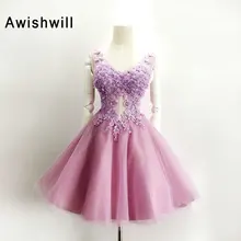 Новая мода 3D цветы бисером платье для выпускного вечера v-образным вырезом Тюль Короткое платье для выпускного вечера формальное платье Выпускные платья