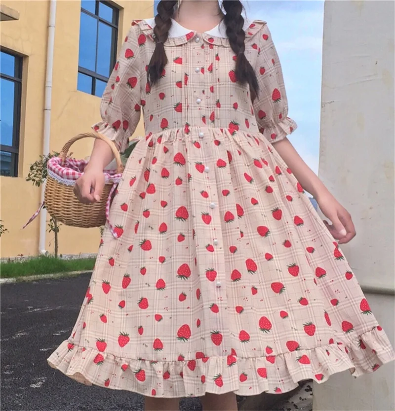

Japanese Sweet Soft Girly Women Cute Dress 2020 Summer Peter Pan Collar Strawberry Plaid Printed Kawaii Ruffles Dresses Vestidos