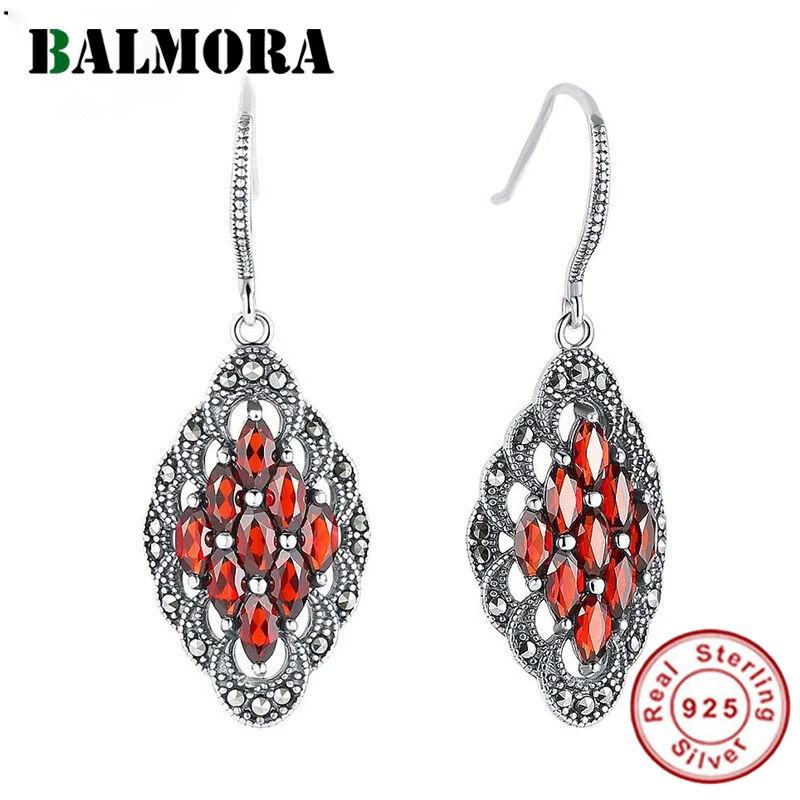 BALMORA Настоящее 925 пробы серебряные ретро серьги с красным Цирконом для женщин любовник мать подарок Элегантные Простые Модные украшения