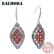 BALMORA Настоящее 925 пробы серебряные ретро серьги с красным Цирконом для женщин любовник мать подарок Элегантные Простые Модные украшения