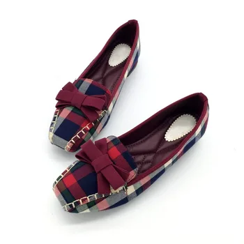 

England Style Gingham Women Casual Loafers Spring Autumn Square Toe Bowtie Slip On Flats For Woman Ladies Single Shoes Plus Size