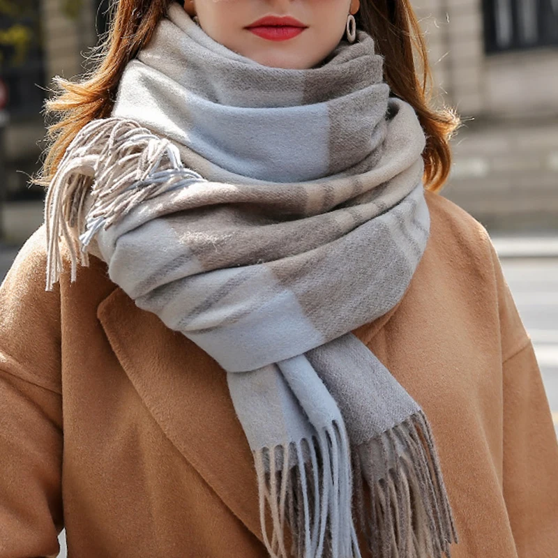 Клетчатый шерстяной шарф для женщин осень зима модный дизайнерский шерстяной шарф и шали утолщенный теплый большой женский шерстяной шарф