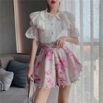 

2020 Summer Korean Fashion 2 Piece Set Women Short Sleeve Ruffles Lace Blouse Tops + Vintage Printed Wide-leg Shorts Pants Suits