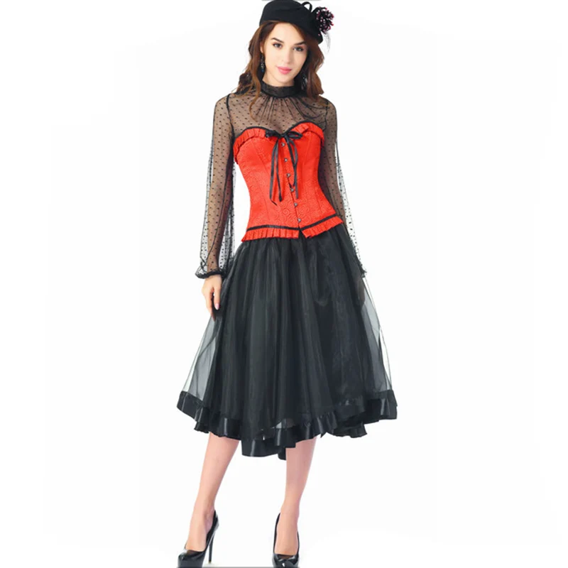 

Красно-черный винтажный комплект бюстье, Женский корсет с юбкой, платье в викторианском стиле, стимпанк, сексуальный готический наряд, одежда для бурлеска