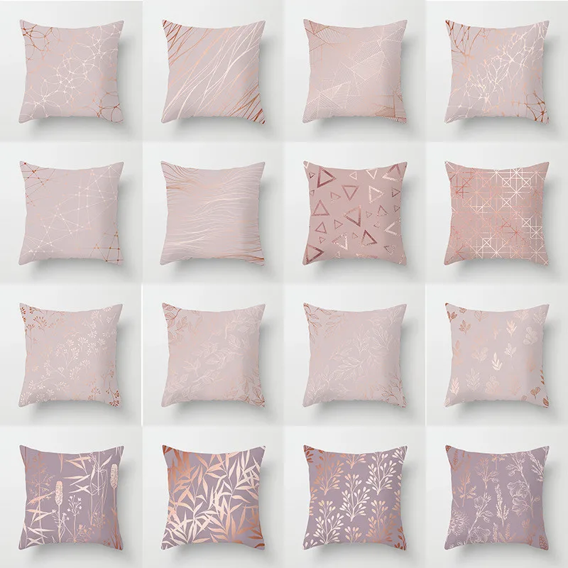 

Leaf Pink Cushion Cover Printed Bronzing Lines Throw Pillow Cover Polyester Geometric Pillows Decorative Pillowcases Home Decor