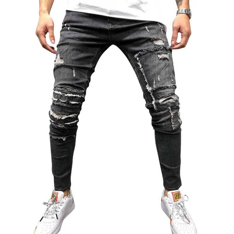 CYSINCOS уличная одежда мужские рваные обтягивающие потертые узкие байкерские джинсы стретч Мужские штаны с дырками полная длина брюки - Цвет: Gray