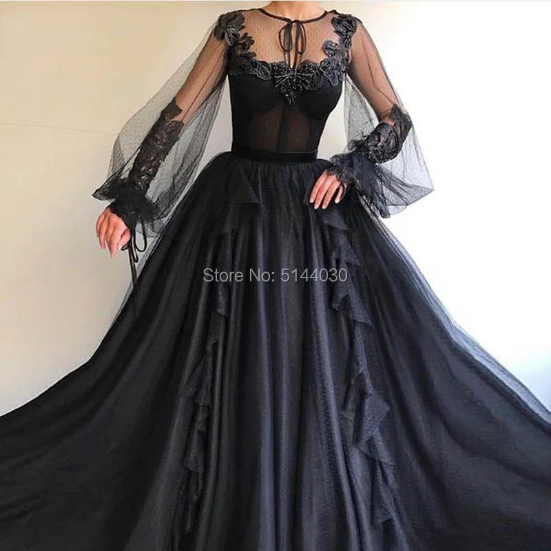 

Black Long Sleeves Muslim Evening Dresses Lace Appliques Tulle O Neck A Line Prom Party Gowns Vestido De Noiva Longo