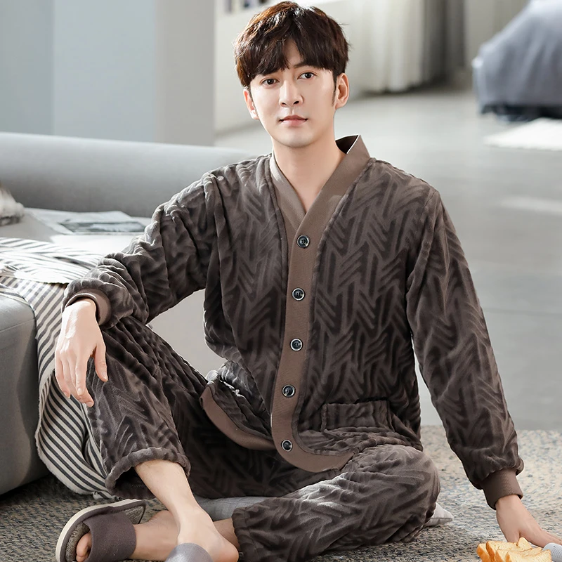 Men's Autumn And Winter Thick Flannel Pajamas Sets Long Sleeve Fashion Style Solid Warm V-Neck Sleepwear Plus Size 3XL Pijamas mens christmas pjs
