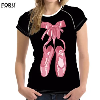 

FORUDESIGNS Ballet Shoes Fashion Design Black Women's Casual Short Sleeve T Shirt Summer Top for Ladies Brand Clothes Round-neck