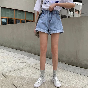 

2020 New Summer High Waist Denim Shorts Women Casual Loose Ladies Fashion Plus Size Elastic Waist Wide Leg Short Jeans Female