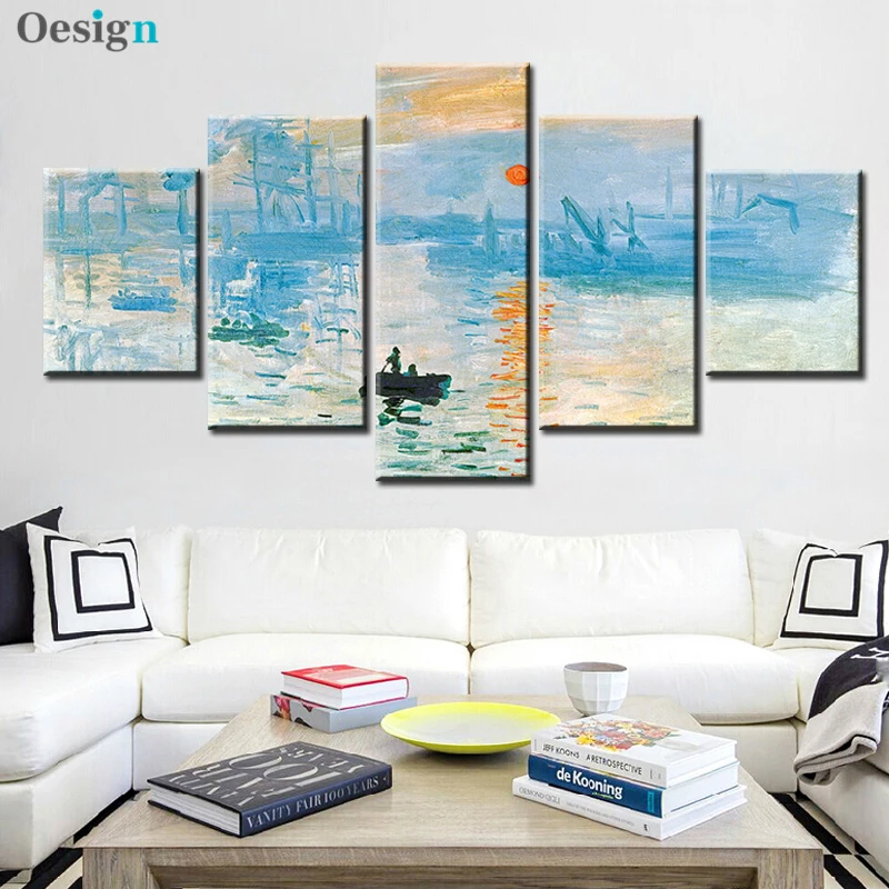 

5 Panels Claude Monet Impression Sunrise Famous Landscape Oil Painting on Canvas Art Poster Print Wall Picture for Living Room