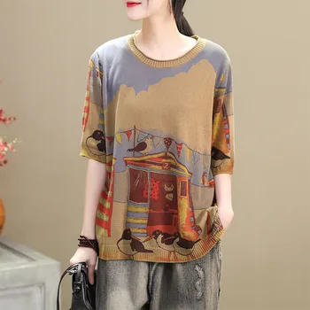 

Women's Thin Half-sleeve O Neck Loose Tees 106CM Chest Knited Tops Cartton Vintage Printed Tees Pullover Sweater