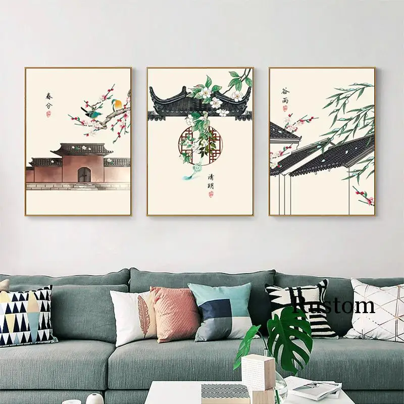 

Canvas Wall Art Tranditional Chinese Posters and Prints Retro Decor Vintage Landscape Paintings for Interior Frameless