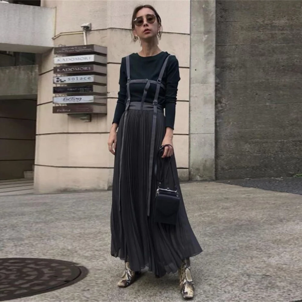 

Simple Skirt Multi-strap Pleated Suspender ladies Long Skirt Elegant Wild Vintage Pleated Beach Girls Students Casual Skirt