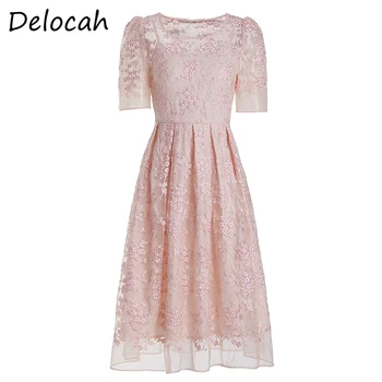

Delocah Summer Fashion Ladies Holiday Dress Women Gorgeous Lace Embroidery Pink Printed Mesh Slim Female Midi Dresses vestidos