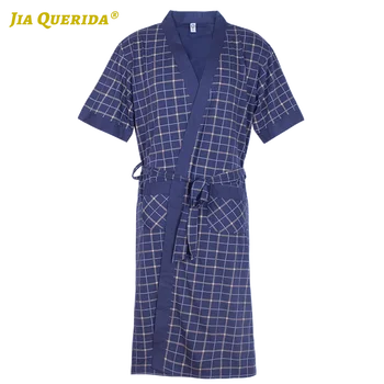 

Kimono Yukata Man Robe Summer Night Robe Home Robe 100% Cotton Man Clothes Luxury Plaid Printing Short Sleeve V Neck Bathrobe
