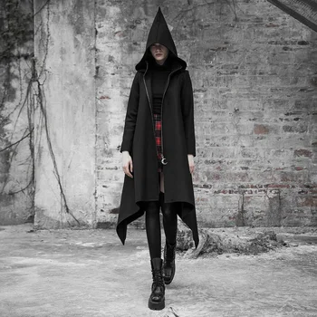 

PUNK RAVE Women's Dark Loose Irregular Woolen Coat Metal Zipper Sharp Angle Hat Witch Halloween Stage Performance Jacket
