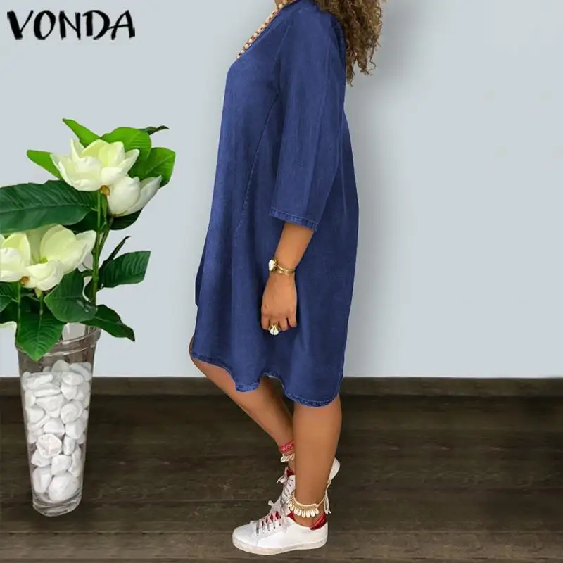 VONDA женское джинсовое платье сексуальное с v-образным вырезом до колена пуловер праздничные короткие платья плюс размер пляжный сарафан S-5XL
