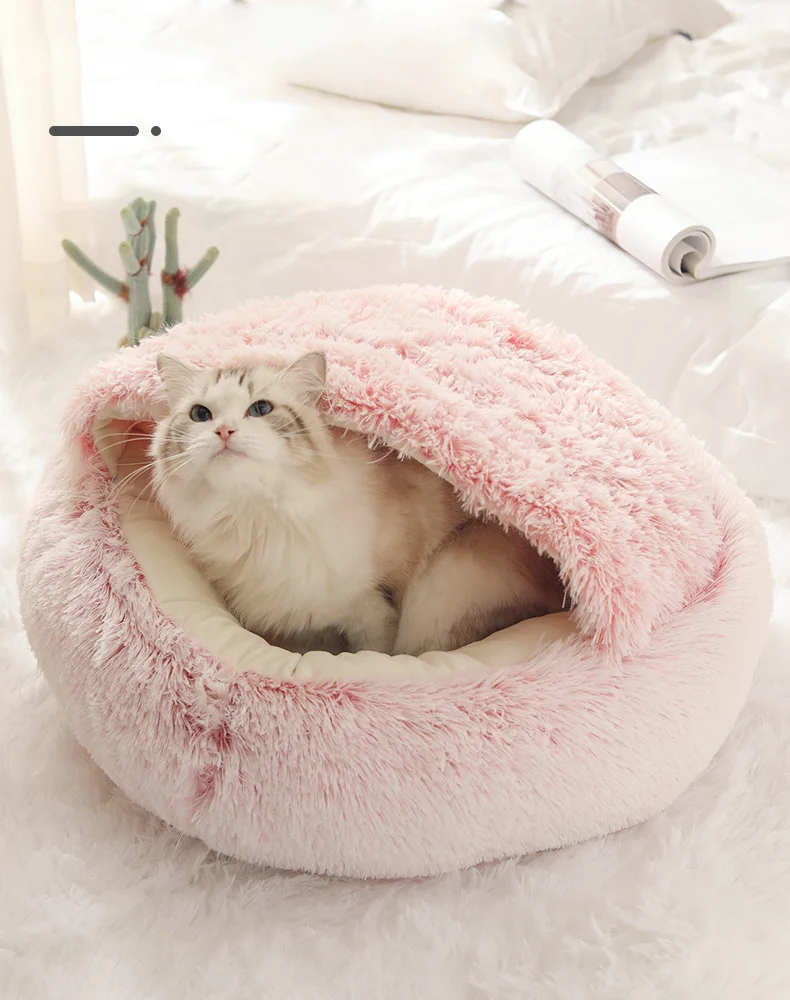 Winter Cat Bed Long Plush Pet Cat Cushion Warm Sleep Bag Bed Round Half-Pack Cat Basket Lounger Nest For Small Medium Large Dog