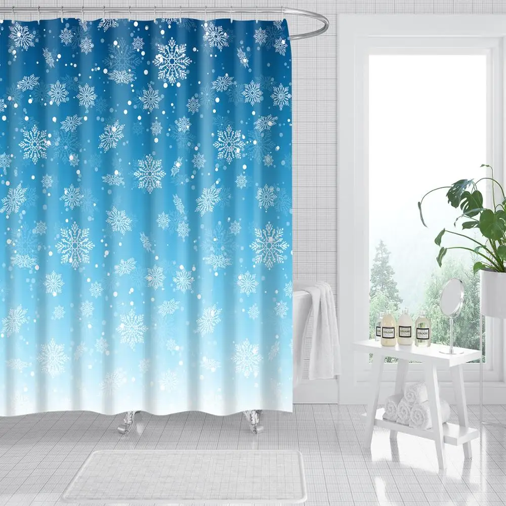 

Waterproof Thicken Blue Christmas Snowflake Decoration Bathroom Polyester Mildew Proof Bath Tub Shower Curtain with 12 pcs Hooks