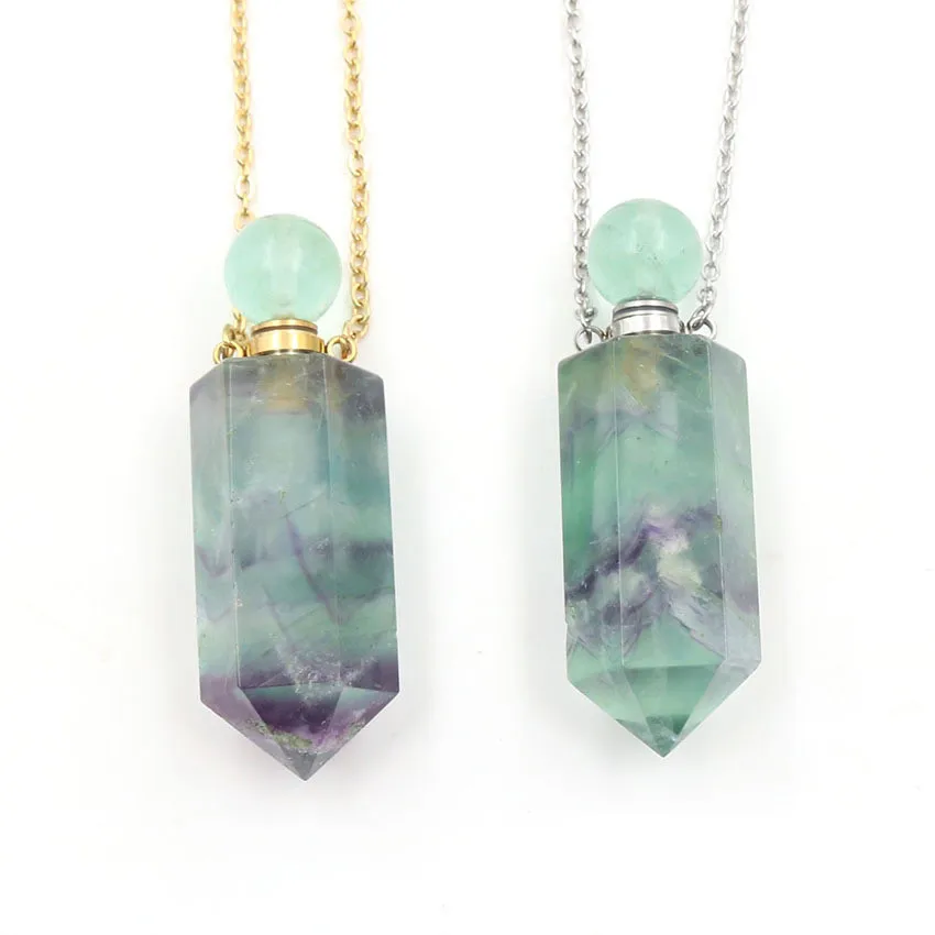 

Women Necklace Perfume Bottle Pendant Natural Rainbow Fluorite Stone Hexagon Point Bead Essential Oil Diffuser Chains Necklaces