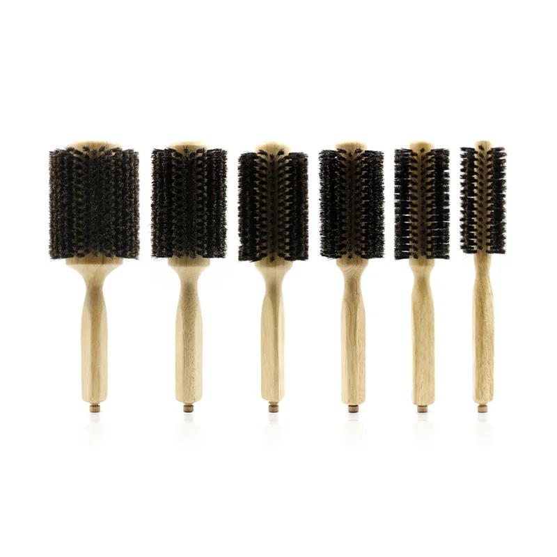 Wood Handle Boar Bristles Round Brush Removable Tail Professional Barber Salon Hairdressing Hair Brush Hair Round Comb 6 Sizes