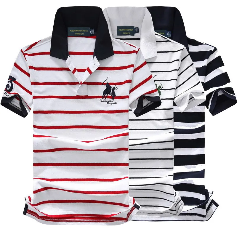 

2019 Summer Fashion Men's striped polo shirt short-sleeved polo shirt Men's striped horse pattern lapel men's shirt tops tees