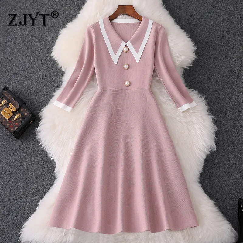 

Fashion Woman Autumn Winter Dress 2019 New Designer Turn Down Collar Solid Aline Sweet Knit Sweater Dress Casual Vestidos