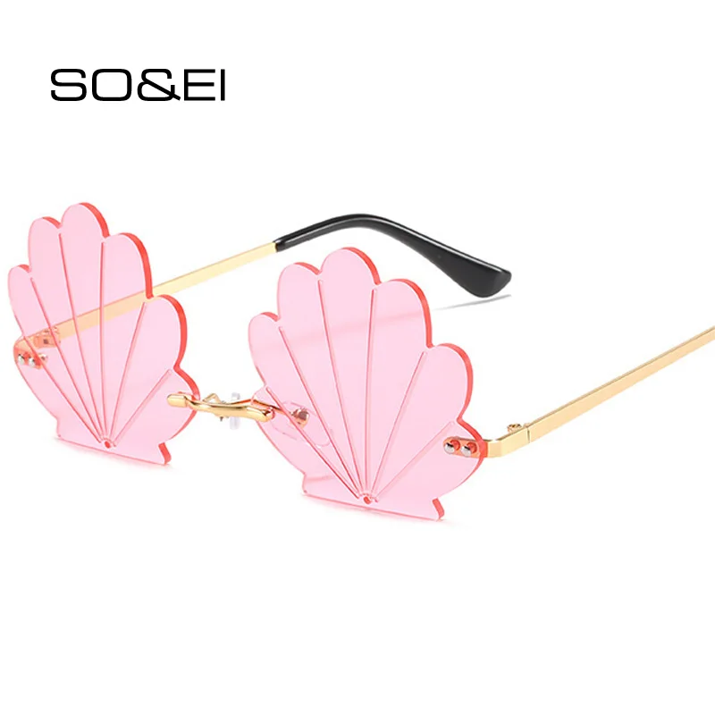 

SO&EI Fashion Unique Flower Shape Rimless Women Sunglasses Brand Designer Retro Shell Grain Clear Ocean Lens Female Sun Glasses