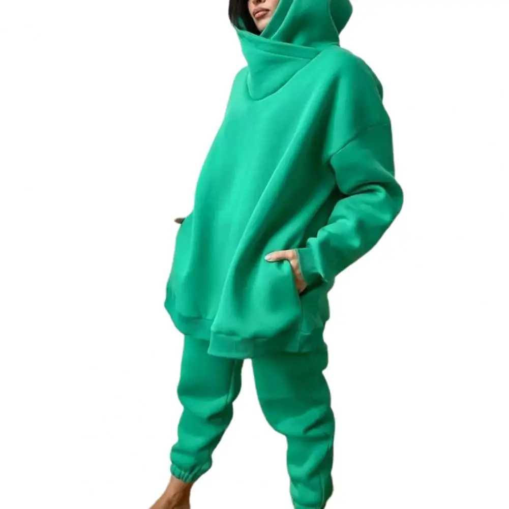 

1 Set Hoodie Pants Set Solid Color Pockets Women Loose-fitting Sweatshirt Ankle Tied Sweatpants for Daily Wear