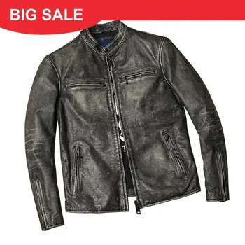 

2020 Vintage Grey Men Slim Fit Biker's Leather Jacket Plus Size XXXL Genuine Cowhide Autumn Short Motorcycle Leather Coat