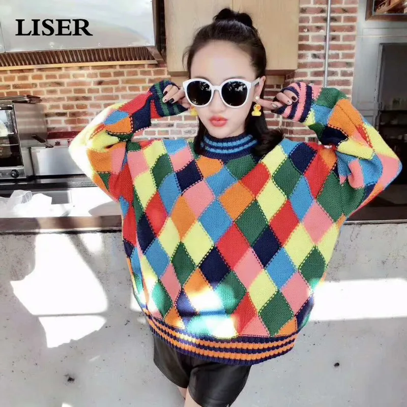 Sweater Women Knitted Sweater 2019 New Autumn Winter Clothes Women Pullover Sweater Colored Grid Vintage Sweater Sweater Women Knitted Sweater 2019 New Autumn Winter Clothes Women Pullover Sweater Colored Grid Vintage Sweater