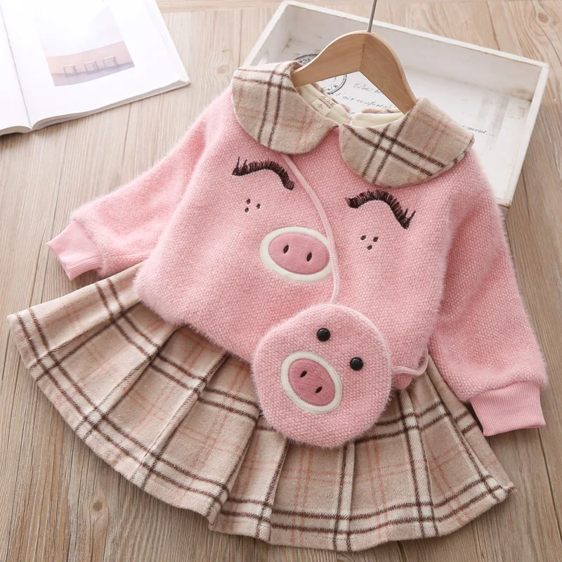 

New Winter Autumn Fall Baby Girls' Plush Baby Collar Piggy Sweater Winter Skirt Two Piece Clothing Sui Children Clothes Gift