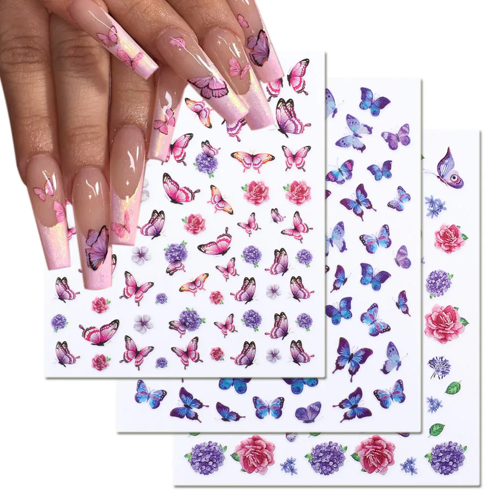 3D Laser Butterfly Nail Stickers Gradient Colorful Rose Hydrangea Sliders Decal For Decoration GLDP159-170 | Красота и здоровье