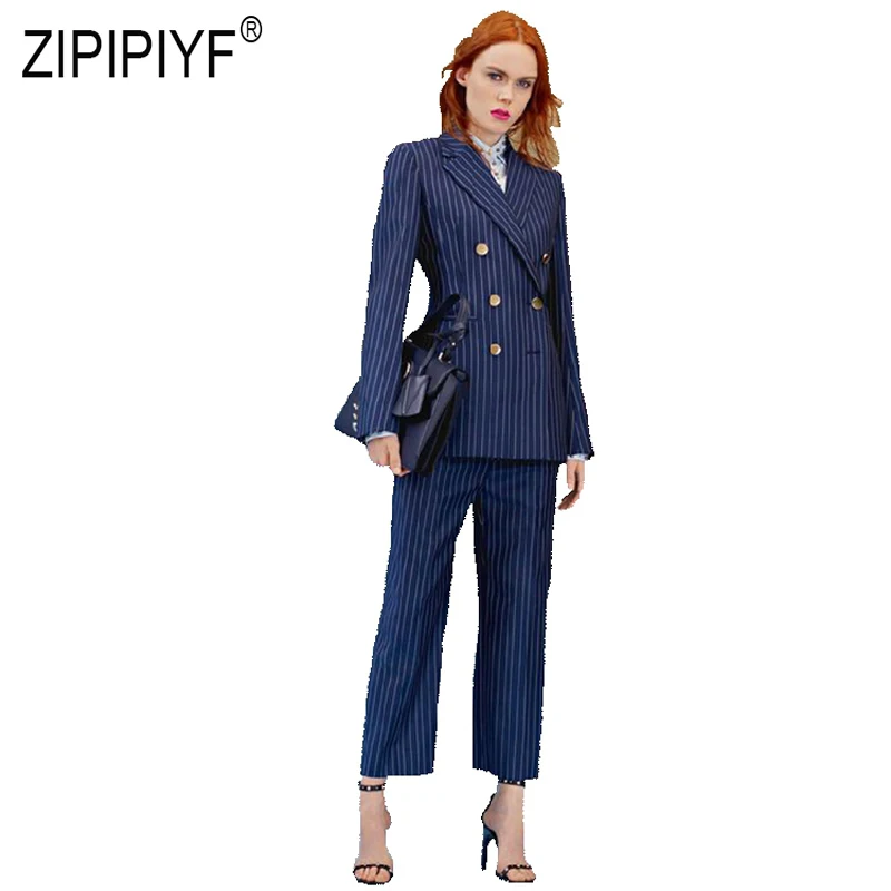 Business Style Fashion Autumn Women Suits Striped Double-breasted Long Sleeve Blazers Office Lady Long Striped Pants Z2794