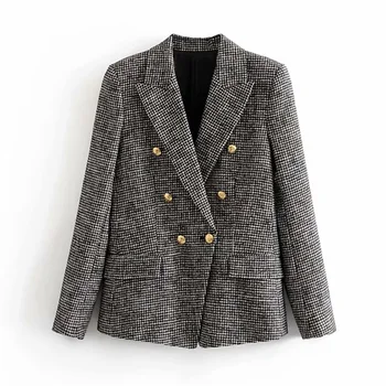 

Women Stylish winter double breasted suit jacket office ladies vintage plaid blazer pockets design work wear outwear