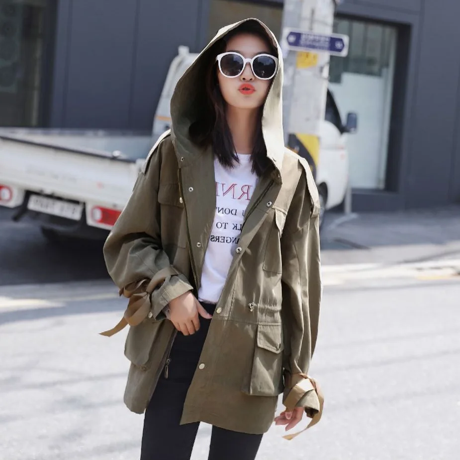 

Photo Shoot CHIC Bandage Cloth Cuff Hooded Trench Coat Women's Autumn Army Green Drawstring Waist Hugging Workwear Jacket Mid-le