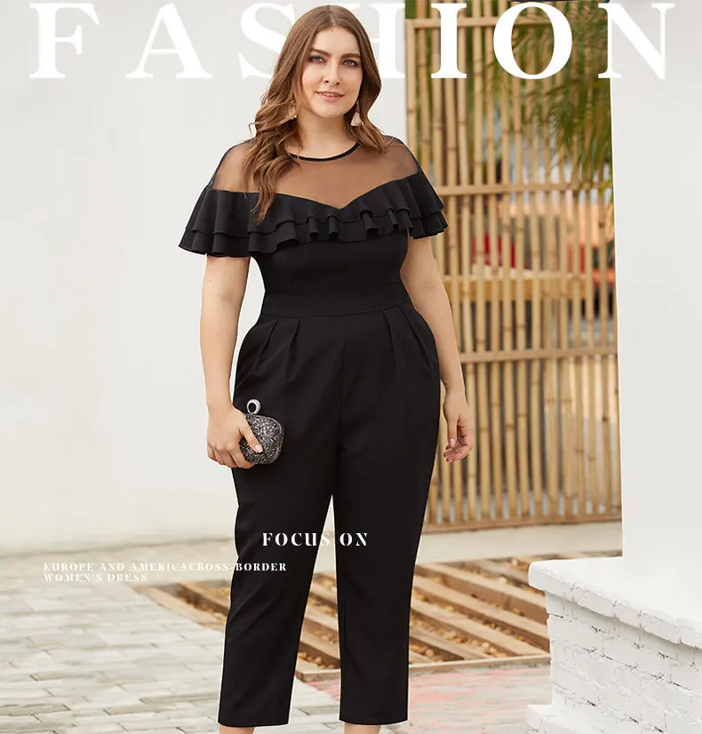

Original design solid color mesh splicing double ruffles short sleeve waist pocket small leg one-piece longs pants slack