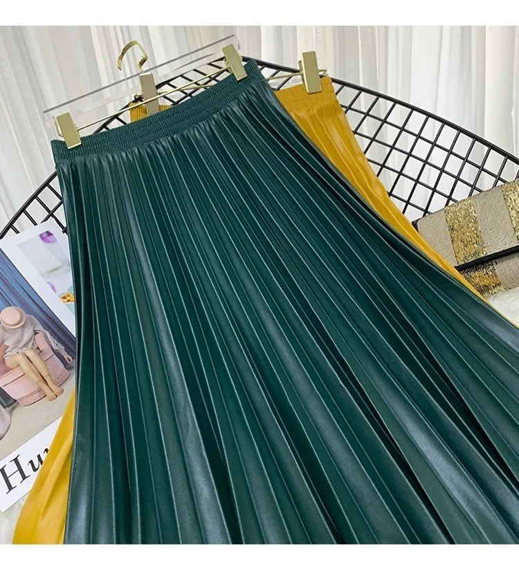 Корейская Однотонная юбка женская зимняя новая Корейская плиссированная юбка средней длины с высокой талией из искусственной кожи PC307