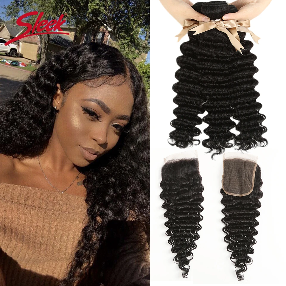 Sleek Brazilian Deep Wave Bundles With Closure 100% Natural Remy Hair 3 Bundles With Closure Natural Color For Black Women