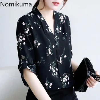 

Nomikuma Floral Chiffon Women Blouses Short Sleeve V-neck Korean Office Shirts 2020 Summer New Plus Size OL Style Blusas 3Z299