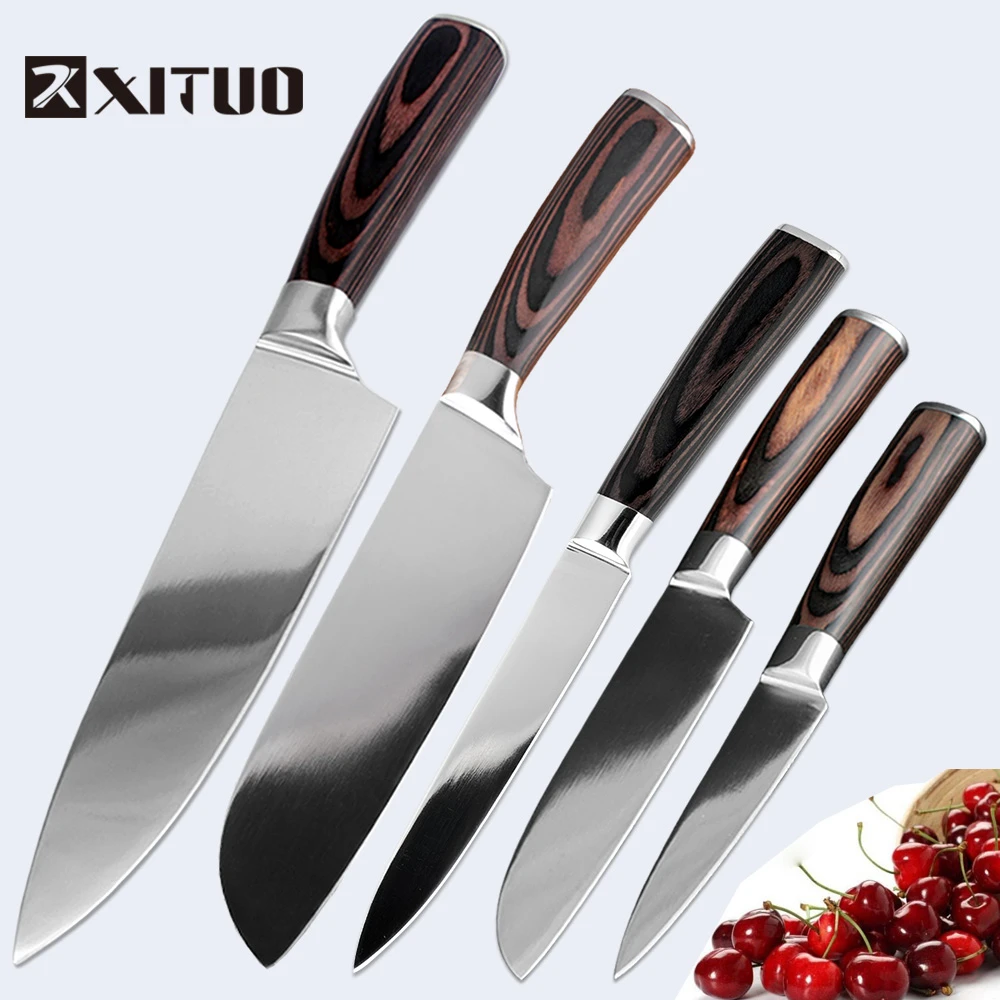 XITUO набор кухонных ножей из нержавеющей стали, нож для очистки овощей Santoku, нож для фруктов, нож для хлеба, японский Деревянный инструмент, подарок