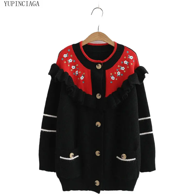

New Ruffled Knitted Cardigan Loose Knit Sweater Flower Embroidery Sweaters 2020 Autumn Winter Casual Single Breasted Top