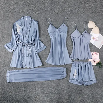 

Summer Satin Pajamas For Women Sexy Lingerie 5PCS Set Sleep Tops Pijamas Mujer Casual Bathrobe Sleepwear домашняя одежда женская