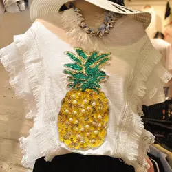 Лето ананас вышитое блестящим бисером футболка с короткими рукавами Модные женские повседневные корейские футболки свободные хлопок