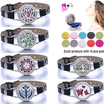 

New Aromatherapy Bracelet Black Leather Stainless Steel Essential Oil Diffuser Locket Bracelet Wristbands Jewelry with 10 pads